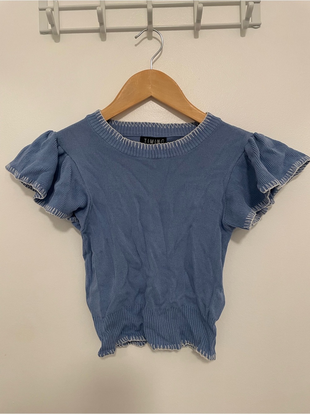 Timing Dusty Blue Ruffle Sleeve Knit Top